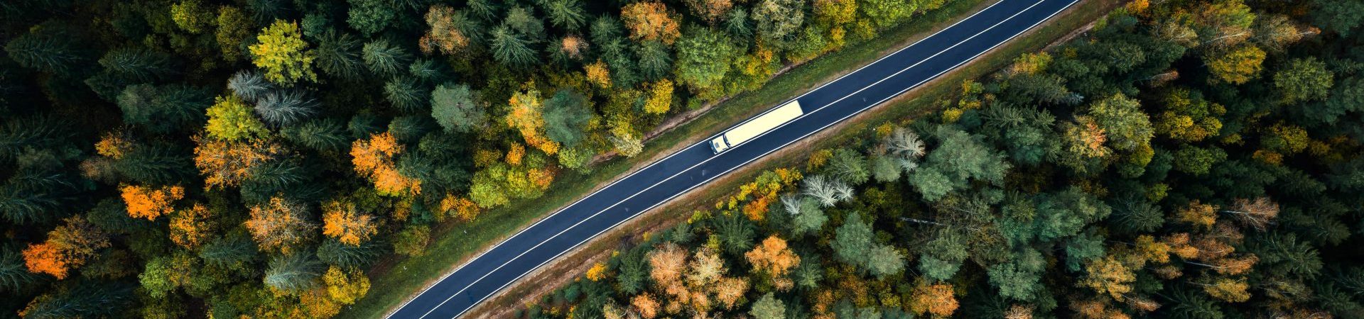 Arial view of a truck driving through a forest
